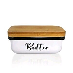 Home Acre Designs Butter Dish Bamboo Lid Stainless Steel Farmhouse Style NWOT